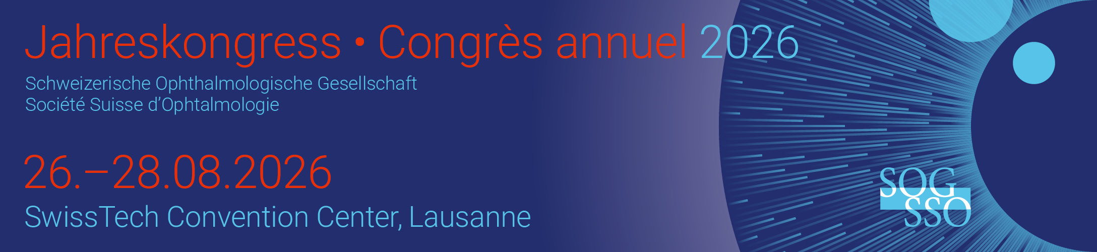 Header Banner für die Konferenz: 119. SOG-Jahreskongress 2026 Schweizerische Ophthalmologische Gesellschaft. Diese geht vom 26. August 2026 bis 28. August 2026.